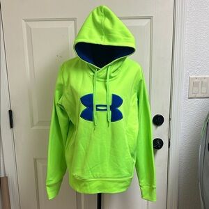 Under Armour Bright Neon Green Cold-gear Hoodie with Navy Logo, Large, EUC